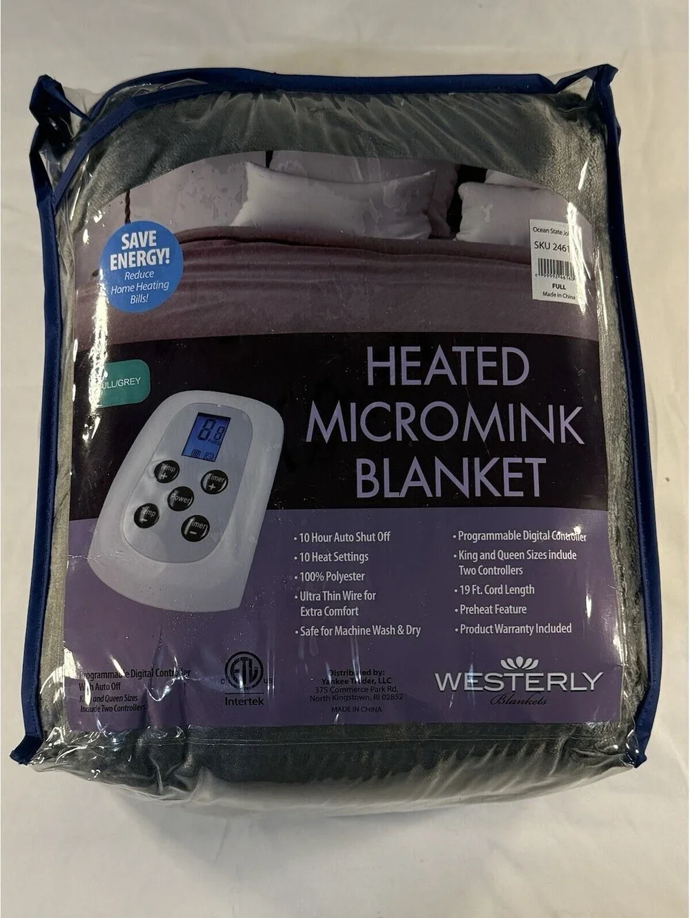 Westerly Heated Micromink Gray Blanket Full Garnet 10 Heat Settings NEW